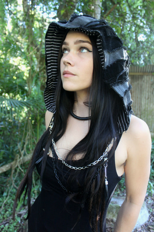 Tatty denim & velvet hood