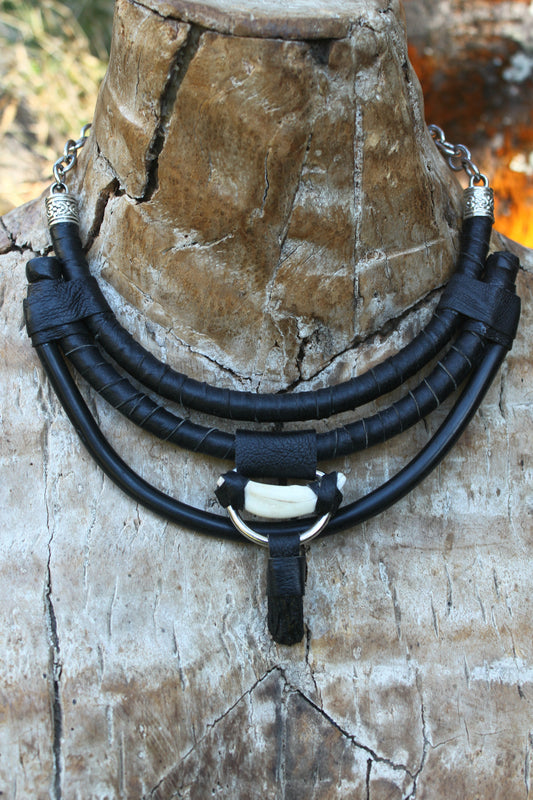 Black tourmaline and boar tooth neck piece