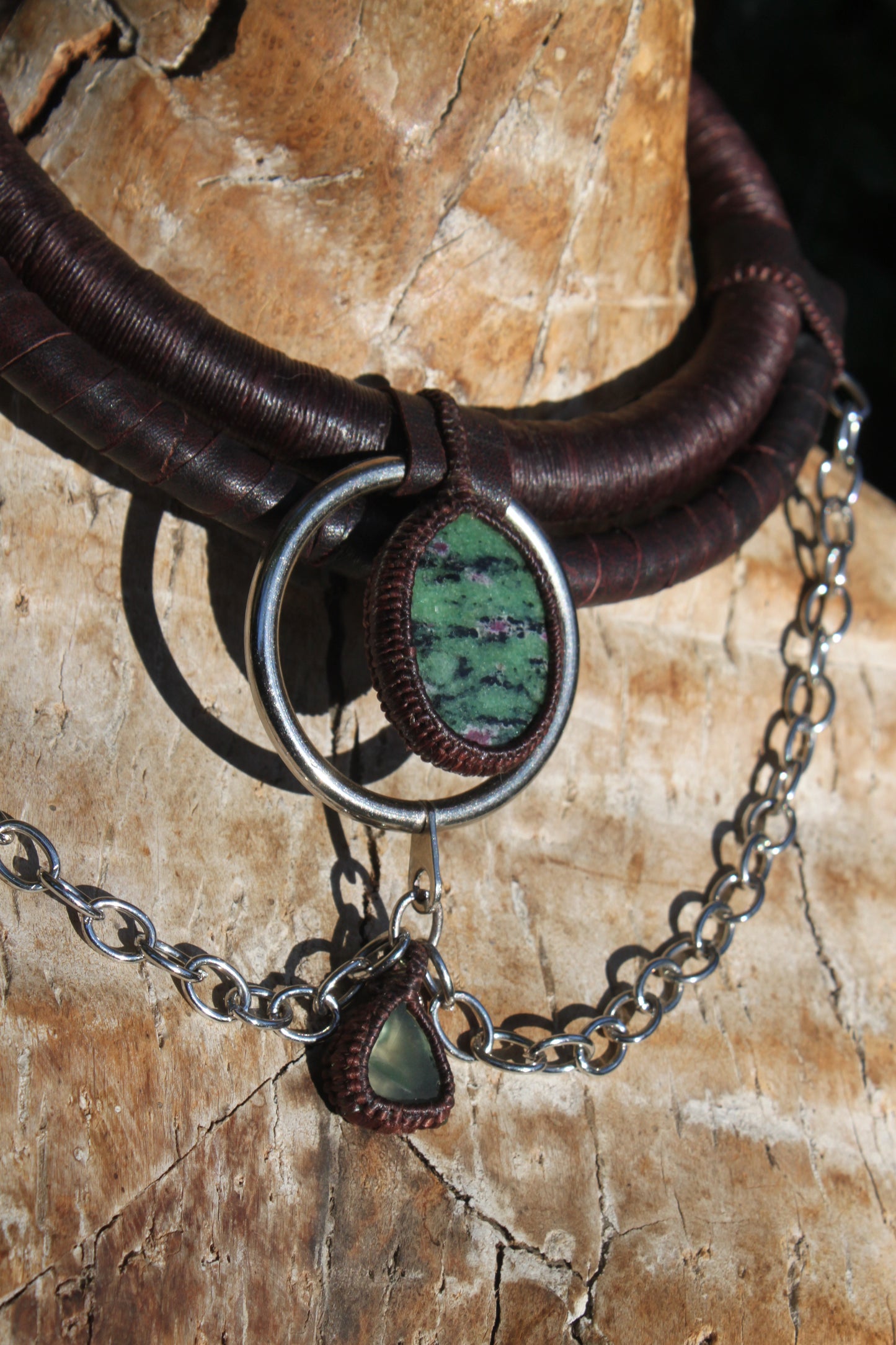 Ruby zoisite and uranium glass neck piece