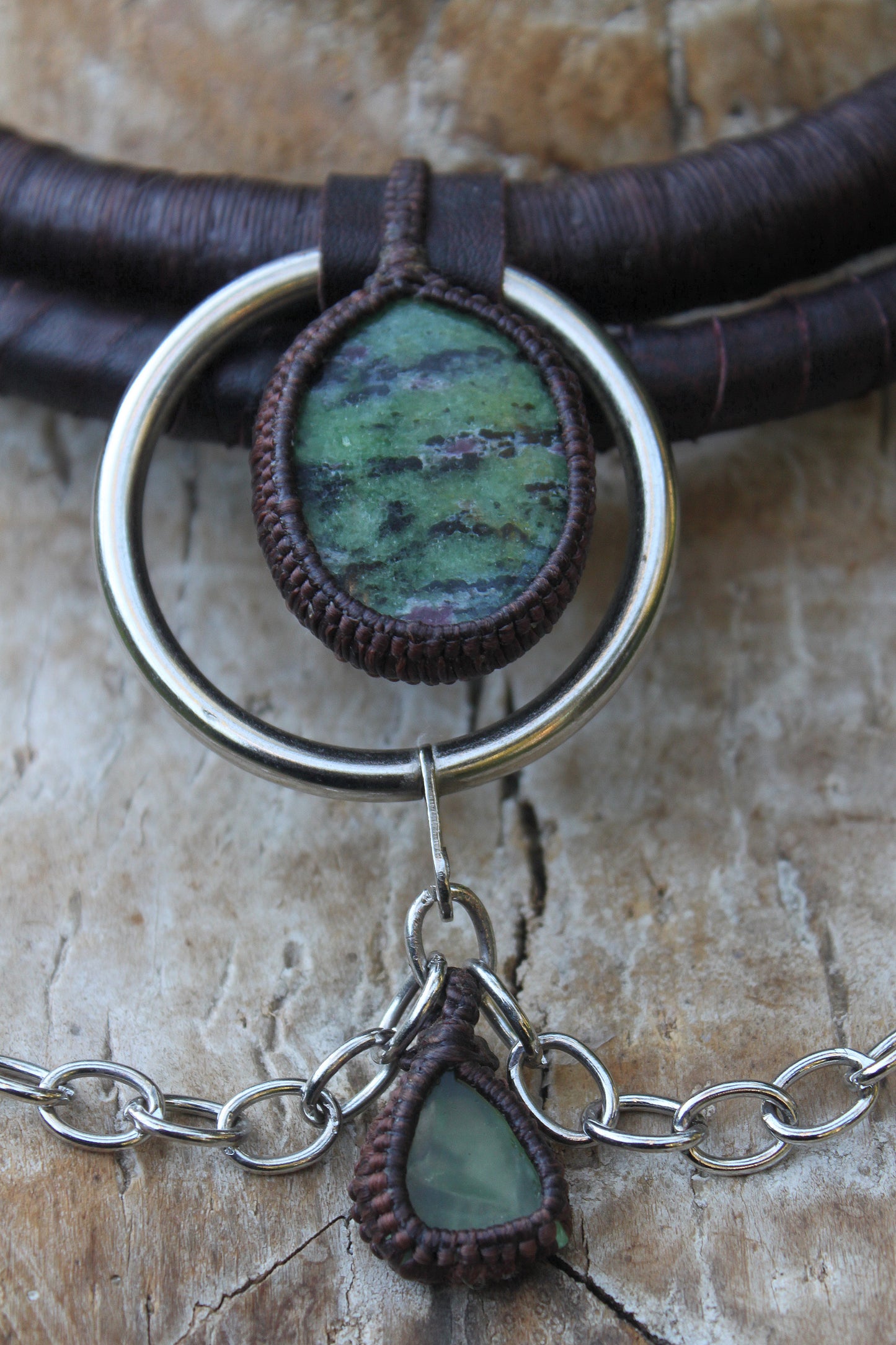 Ruby zoisite and uranium glass neck piece