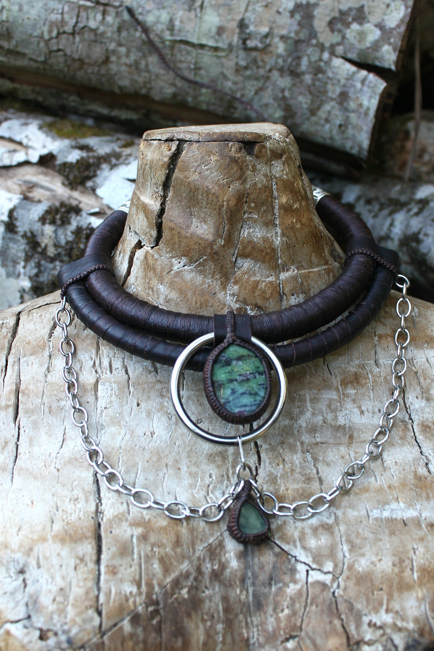 Ruby zoisite and uranium glass neck piece