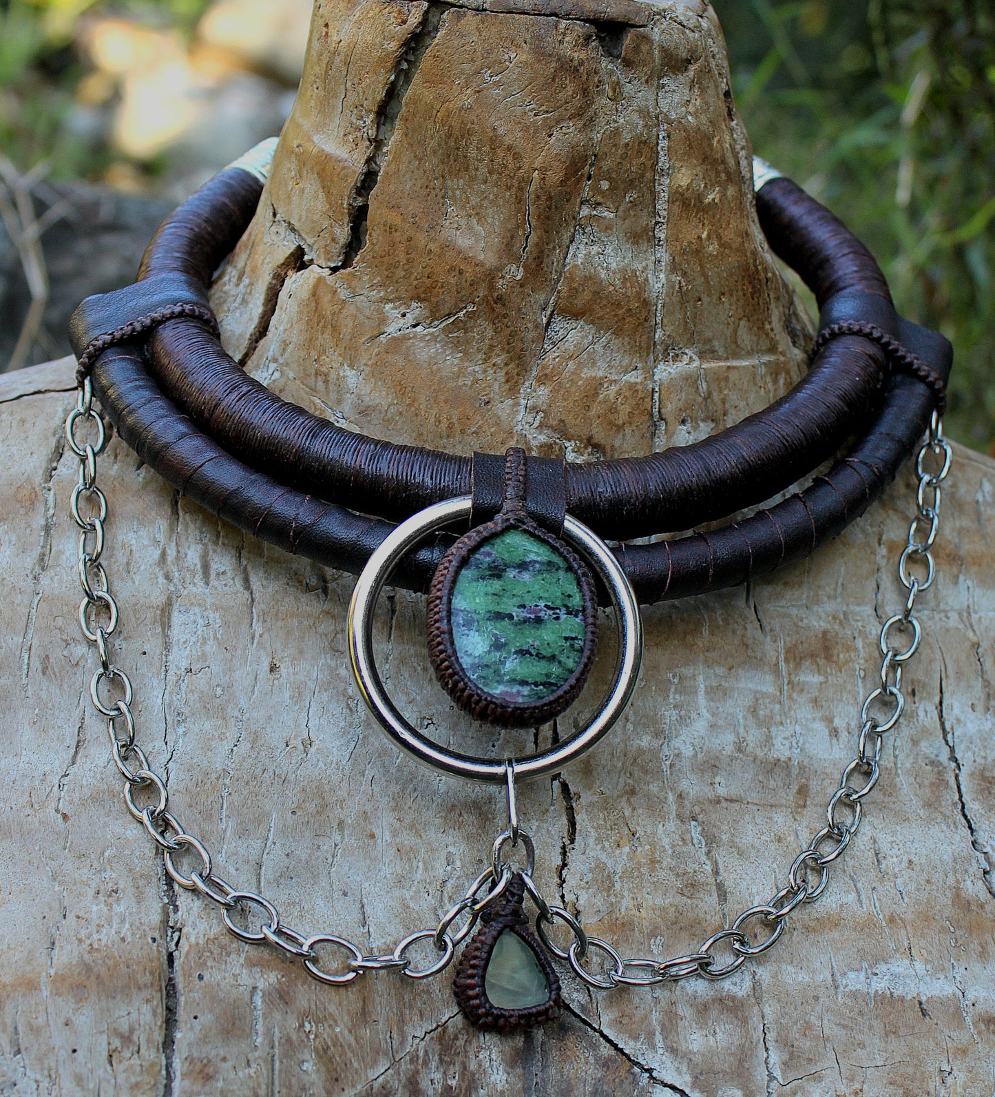 Ruby zoisite and uranium glass neck piece