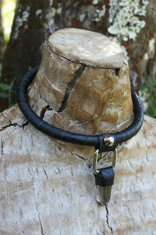 Black leather & smokey quartz neck ring